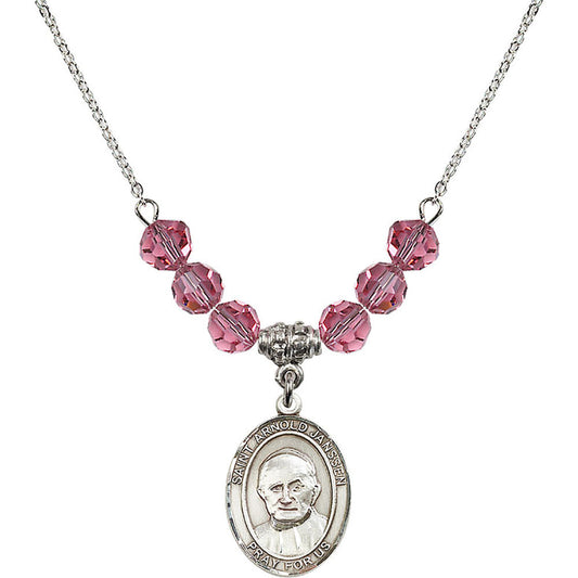 Sterling Silver Saint Arnold Janssen Birthstone Necklace with Rose Beads - 8328