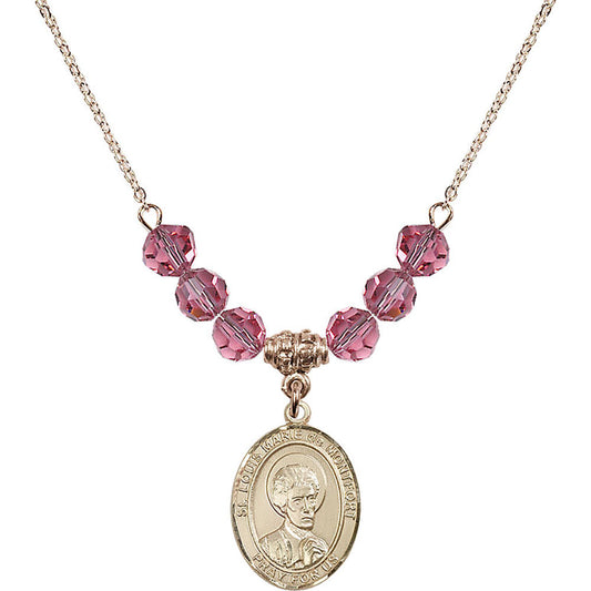14kt Gold Filled Saint Louis Marie de Montfort Birthstone Necklace with Rose Beads - 8330