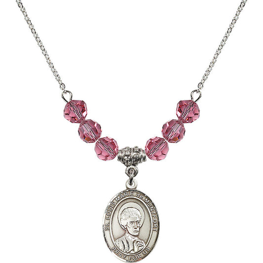 Sterling Silver Saint Louis Marie de Montfort Birthstone Necklace with Rose Beads - 8330
