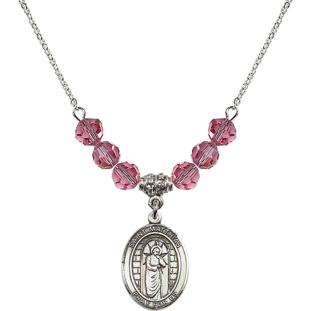 Sterling Silver Saint Matthias the Apostle Birthstone Necklace with Rose Beads - 8331