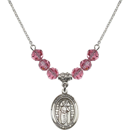 Sterling Silver Saint Matthias the Apostle Birthstone Necklace with Rose Beads - 8331
