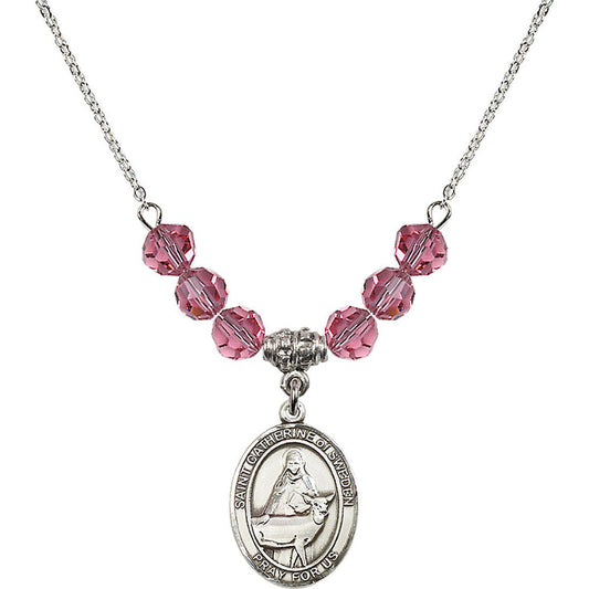 Sterling Silver Saint Catherine of Sweden Birthstone Necklace with Rose Beads - 8336
