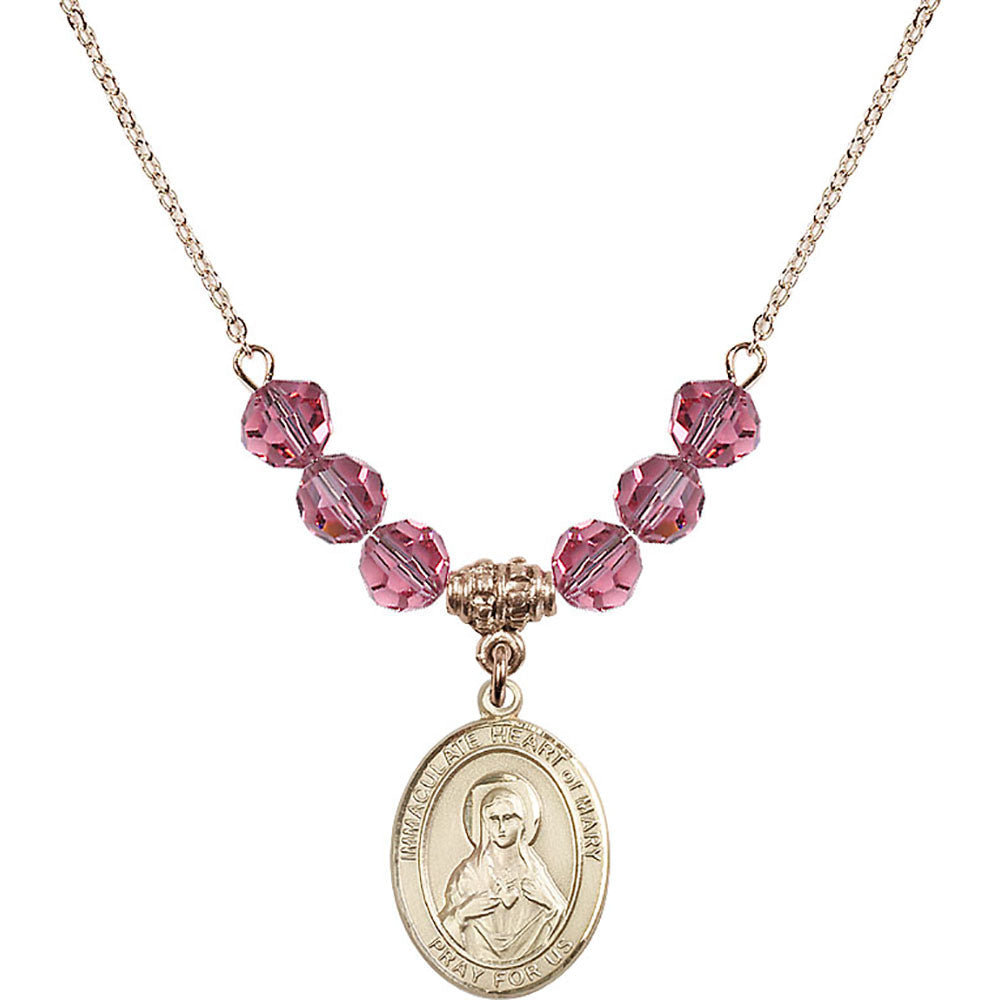 14kt Gold Filled Immaculate Heart of Mary Birthstone Necklace with Rose Beads - 8337