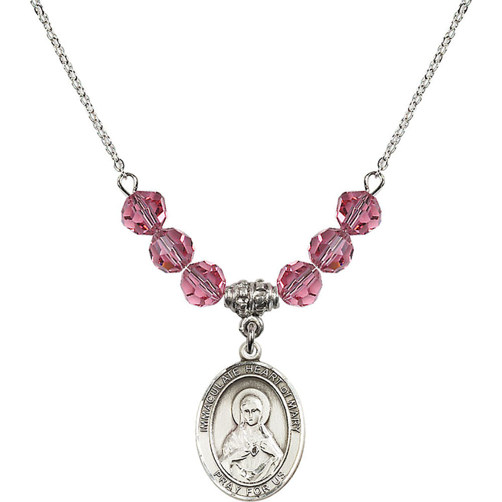 Sterling Silver Immaculate Heart of Mary Birthstone Necklace with Rose Beads - 8337