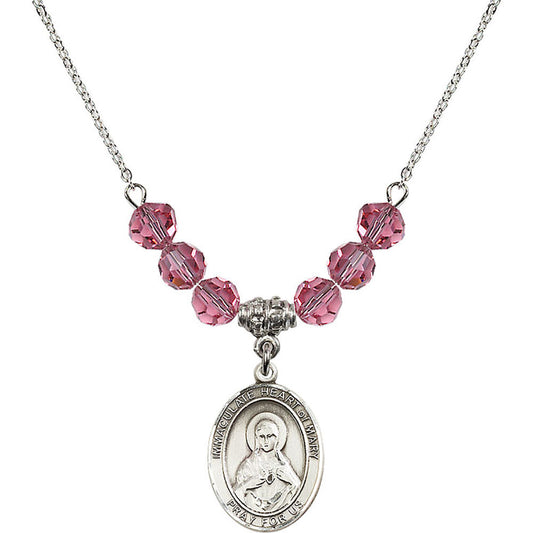 Sterling Silver Immaculate Heart of Mary Birthstone Necklace with Rose Beads - 8337