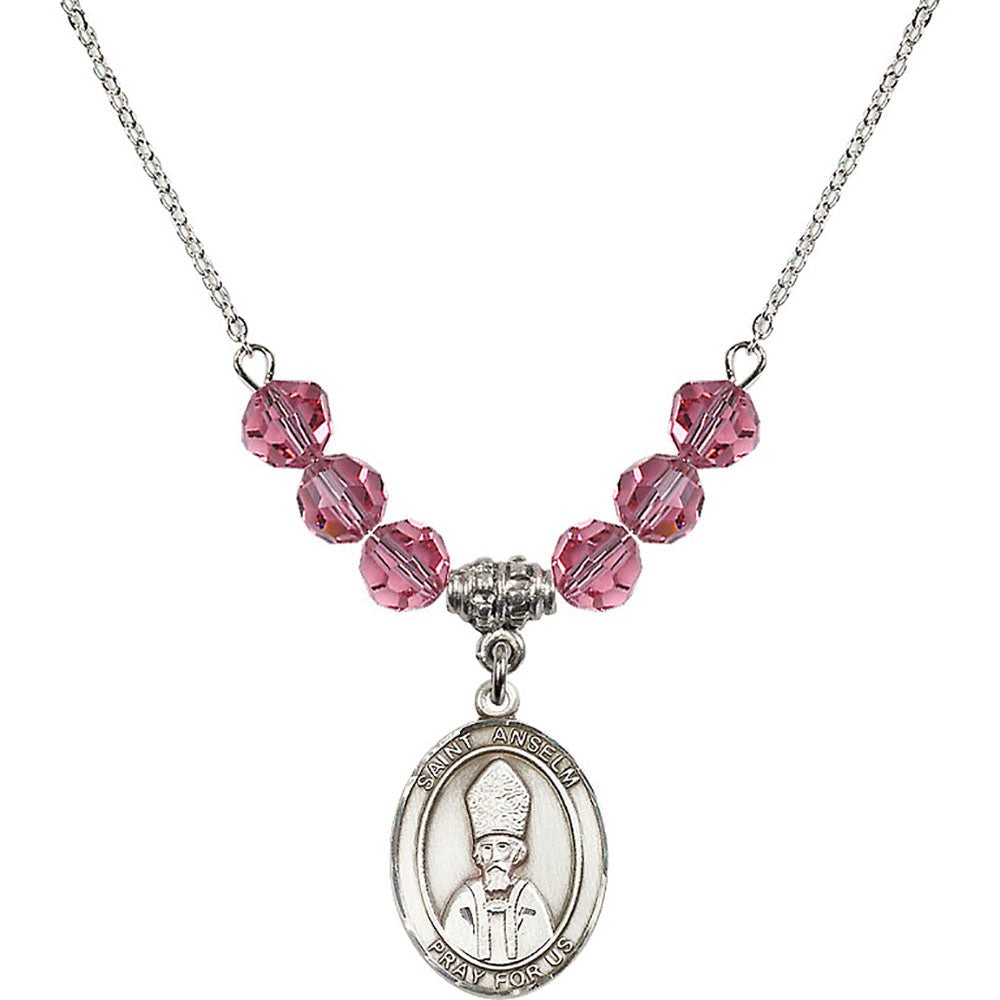 Sterling Silver Saint Anselm of Canterbury Birthstone Necklace with Rose Beads - 8342
