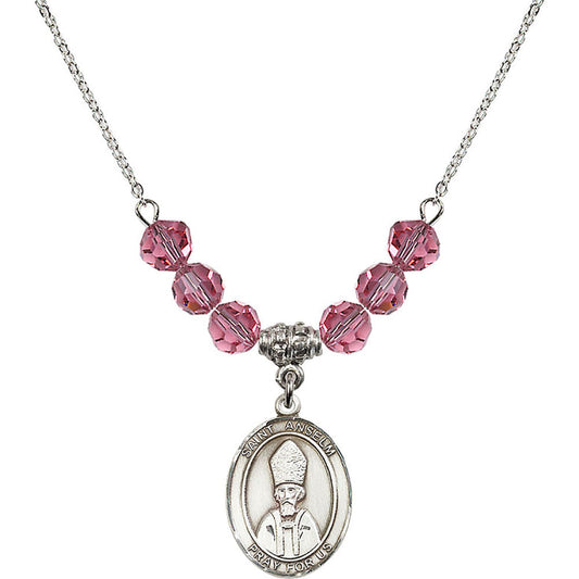 Sterling Silver Saint Anselm of Canterbury Birthstone Necklace with Rose Beads - 8342