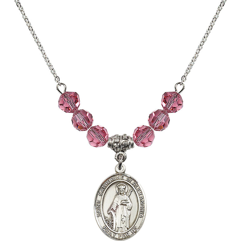 Sterling Silver Saint Catherine of Alexandria Birthstone Necklace with Rose Beads - 8343