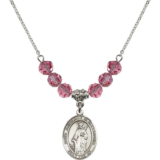 Sterling Silver Saint Catherine of Alexandria Birthstone Necklace with Rose Beads - 8343