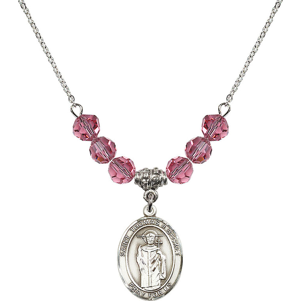 Sterling Silver Saint Thomas A Becket Birthstone Necklace with Rose Beads - 8344