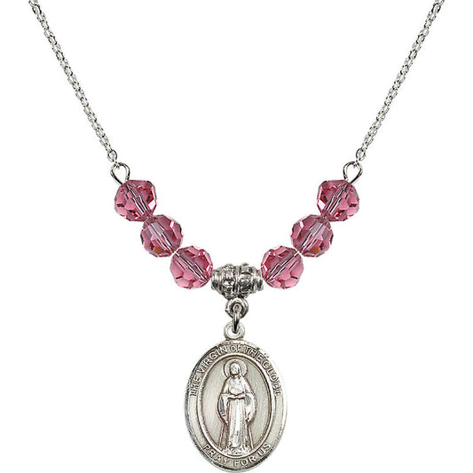 Sterling Silver Virgin of the Globe Birthstone Necklace with Rose Beads - 8345
