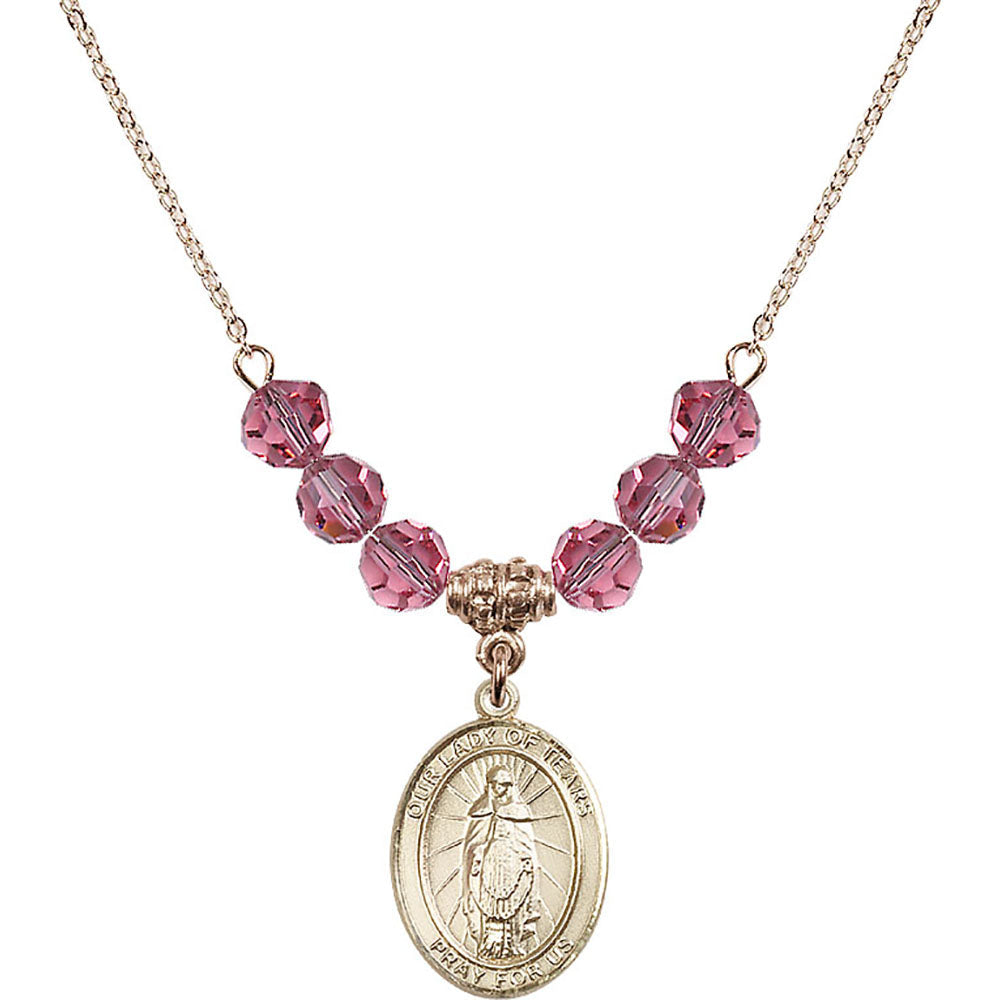14kt Gold Filled Our Lady of Tears Birthstone Necklace with Rose Beads - 8346