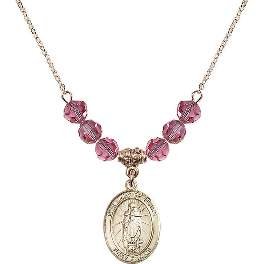 14kt Gold Filled Our Lady of Tears Birthstone Necklace with Rose Beads - 8346