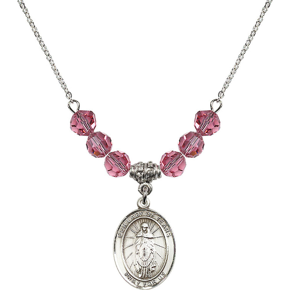 Sterling Silver Our Lady of Tears Birthstone Necklace with Rose Beads - 8346