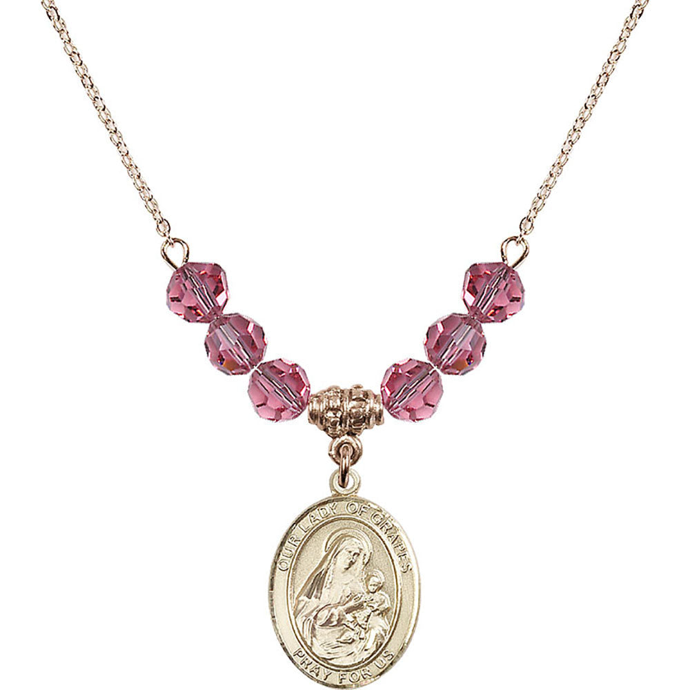 14kt Gold Filled Our Lady of Grapes Birthstone Necklace with Rose Beads - 8347