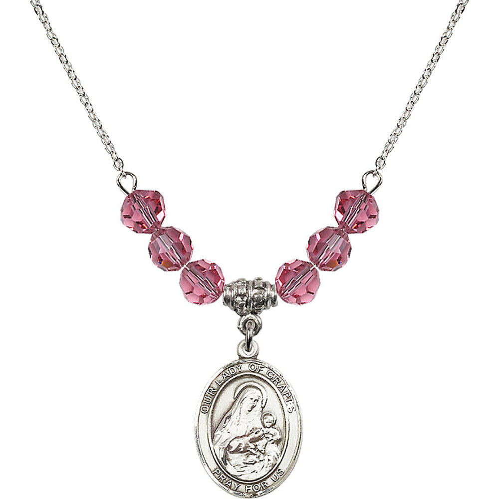 Sterling Silver Our Lady of Grapes Birthstone Necklace with Rose Beads - 8347