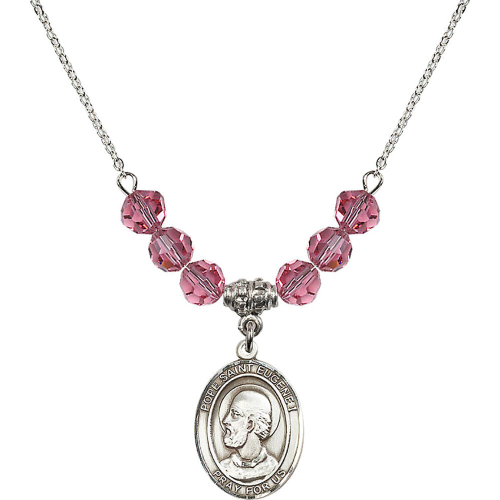 Sterling Silver Pope Saint Eugene I Birthstone Necklace with Rose Beads - 8352
