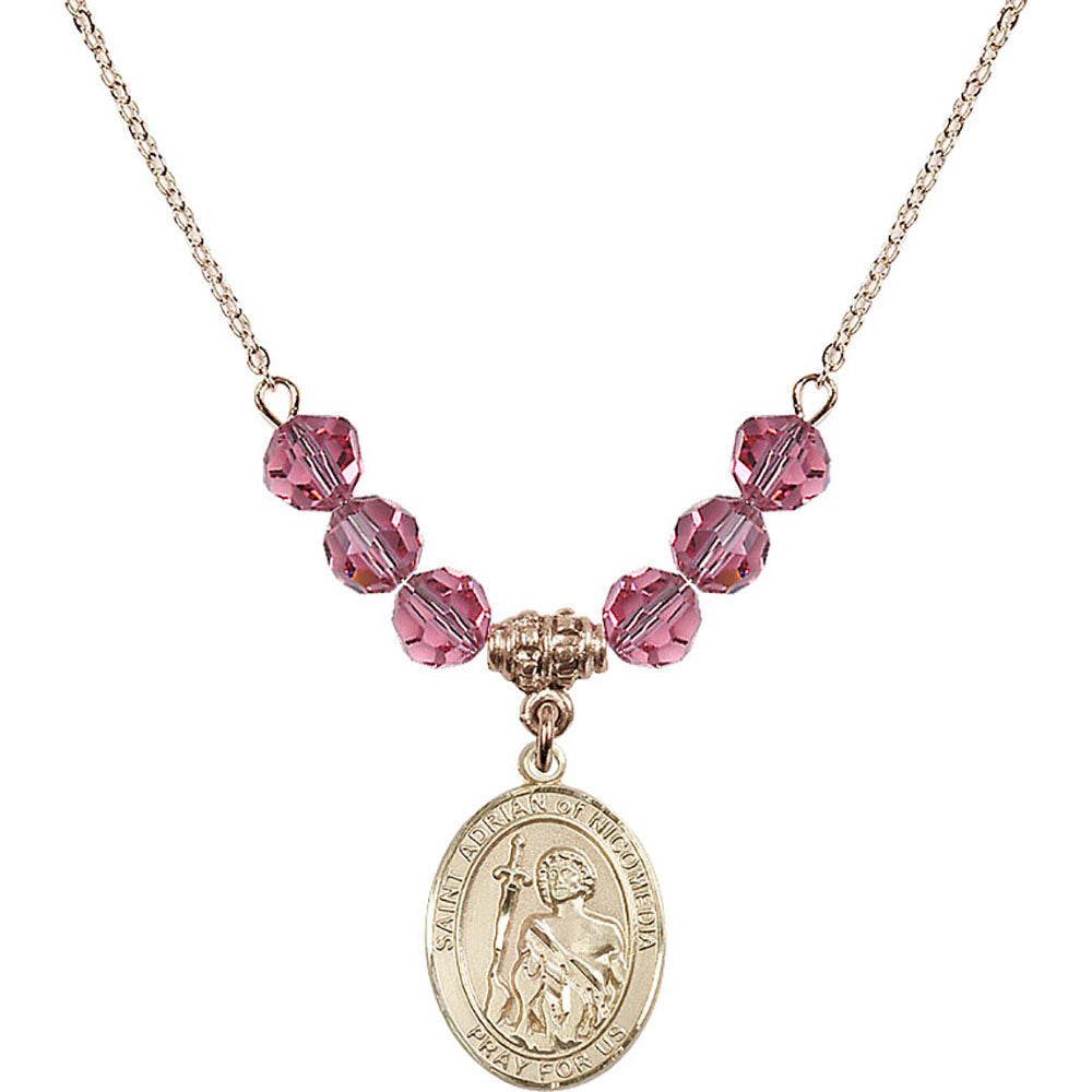 14kt Gold Filled Saint Adrian of Nicomedia Birthstone Necklace with Rose Beads - 8353