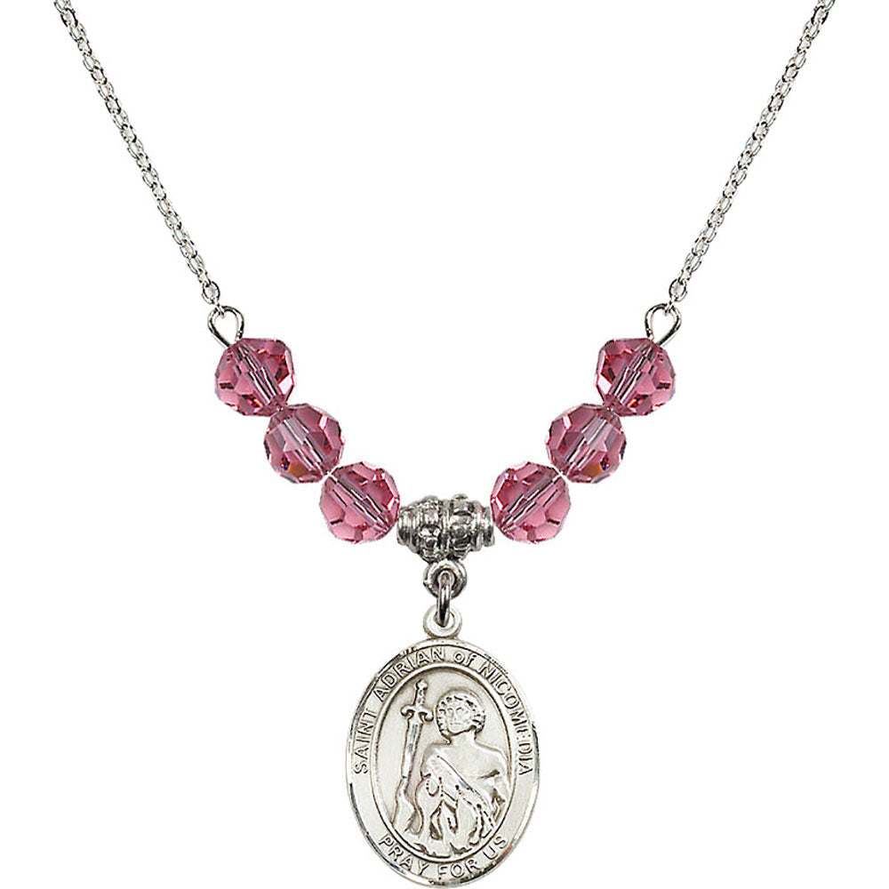 Sterling Silver Saint Adrian of Nicomedia Birthstone Necklace with Rose Beads - 8353