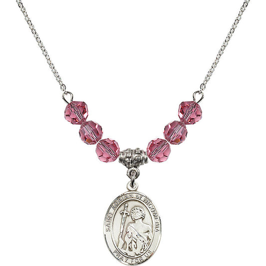 Sterling Silver Saint Adrian of Nicomedia Birthstone Necklace with Rose Beads - 8353