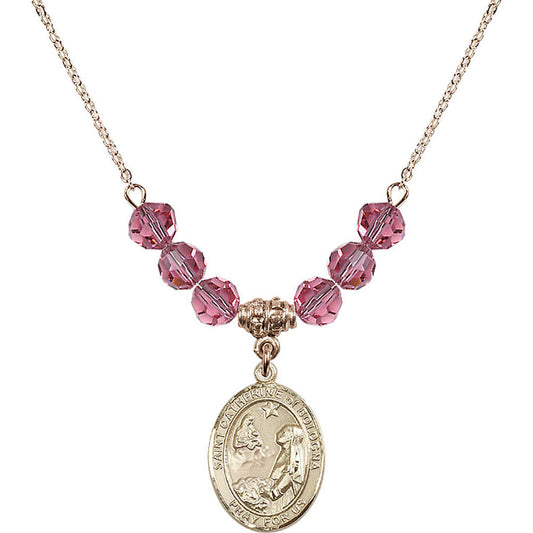 14kt Gold Filled Saint Catherine of Bologna Birthstone Necklace with Rose Beads - 8354