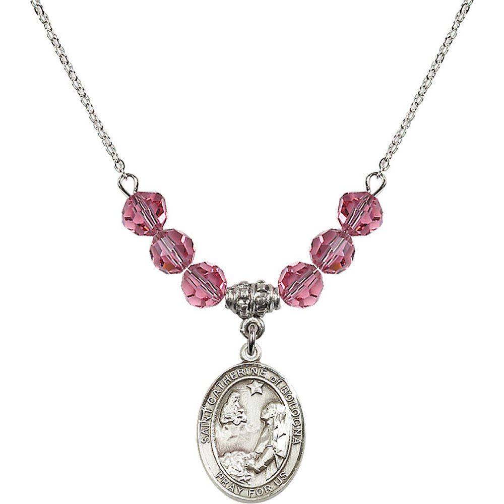 Sterling Silver Saint Catherine of Bologna Birthstone Necklace with Rose Beads - 8354