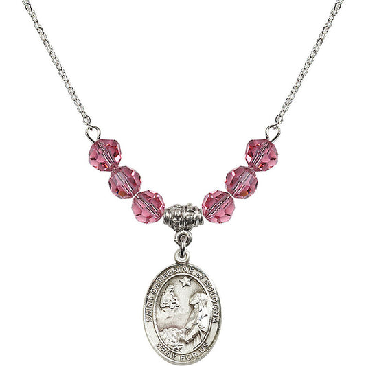 Sterling Silver Saint Catherine of Bologna Birthstone Necklace with Rose Beads - 8354