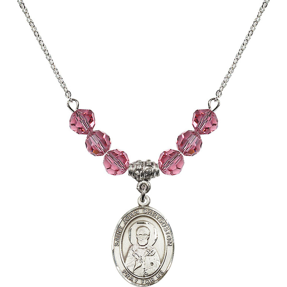 Sterling Silver Saint John Chrysostom Birthstone Necklace with Rose Beads - 8357