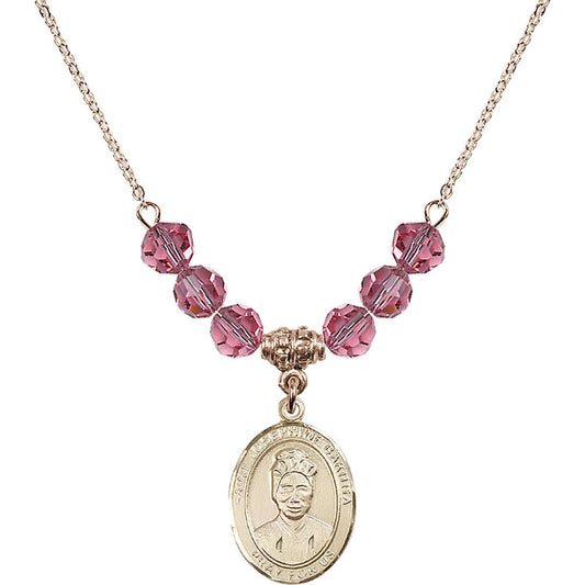 14kt Gold Filled Saint Josephine Bakhita Birthstone Necklace with Rose Beads - 8360