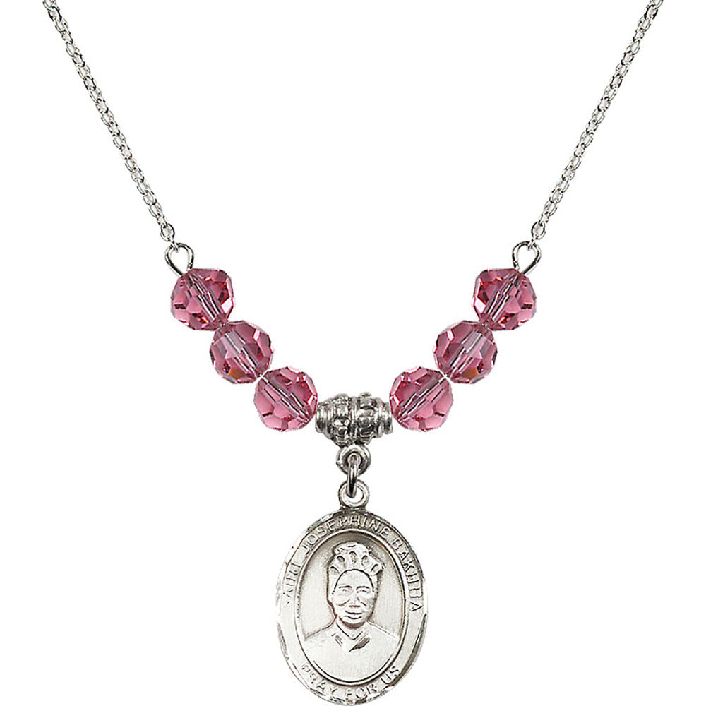 Sterling Silver Saint Josephine Bakhita Birthstone Necklace with Rose Beads - 8360