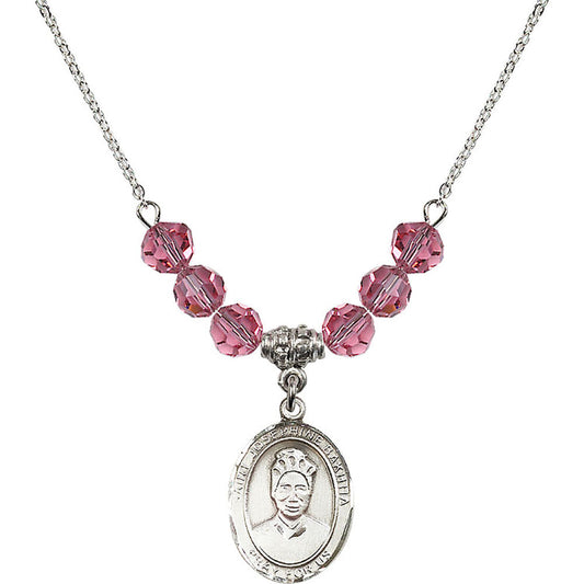Sterling Silver Saint Josephine Bakhita Birthstone Necklace with Rose Beads - 8360