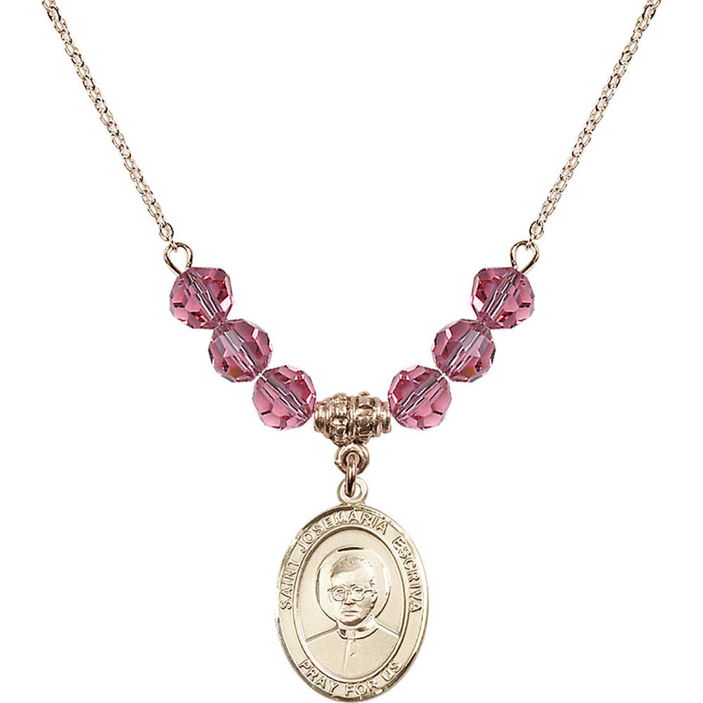 14kt Gold Filled Saint Josemaria Escriva Birthstone Necklace with Rose Beads - 8362