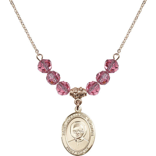 14kt Gold Filled Saint Josemaria Escriva Birthstone Necklace with Rose Beads - 8362