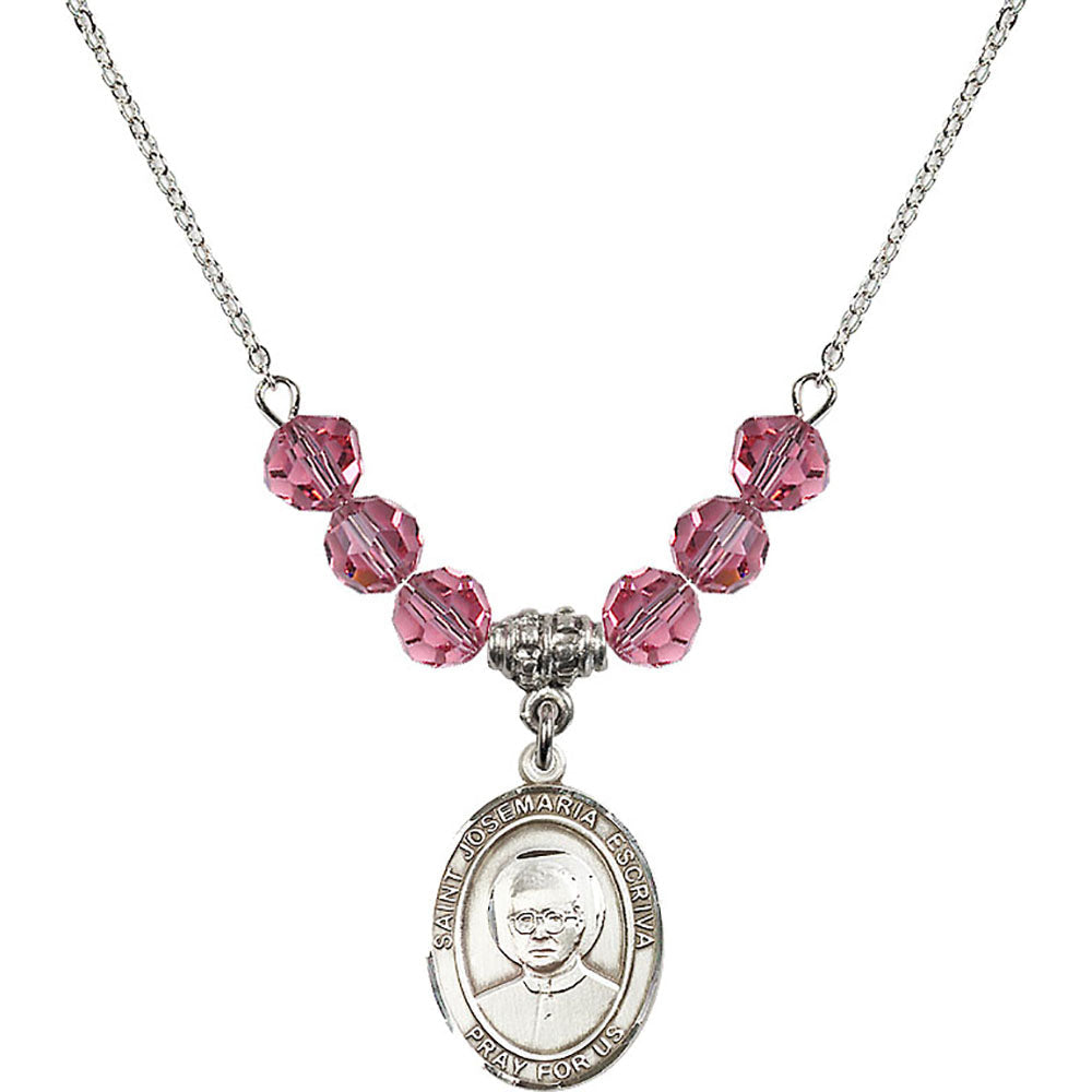 Sterling Silver Saint Josemaria Escriva Birthstone Necklace with Rose Beads - 8362