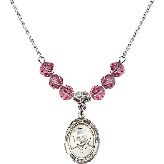 Sterling Silver Saint Josemaria Escriva Birthstone Necklace with Rose Beads - 8362