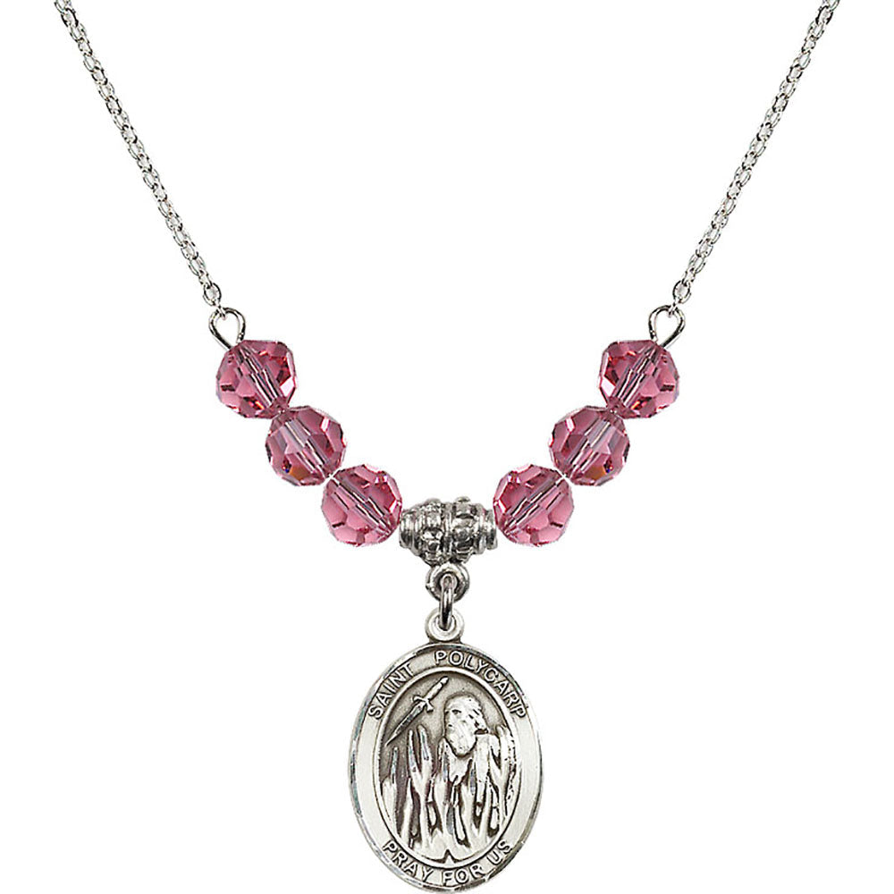 Sterling Silver Saint Polycarp of Smyrna Birthstone Necklace with Rose Beads - 8363
