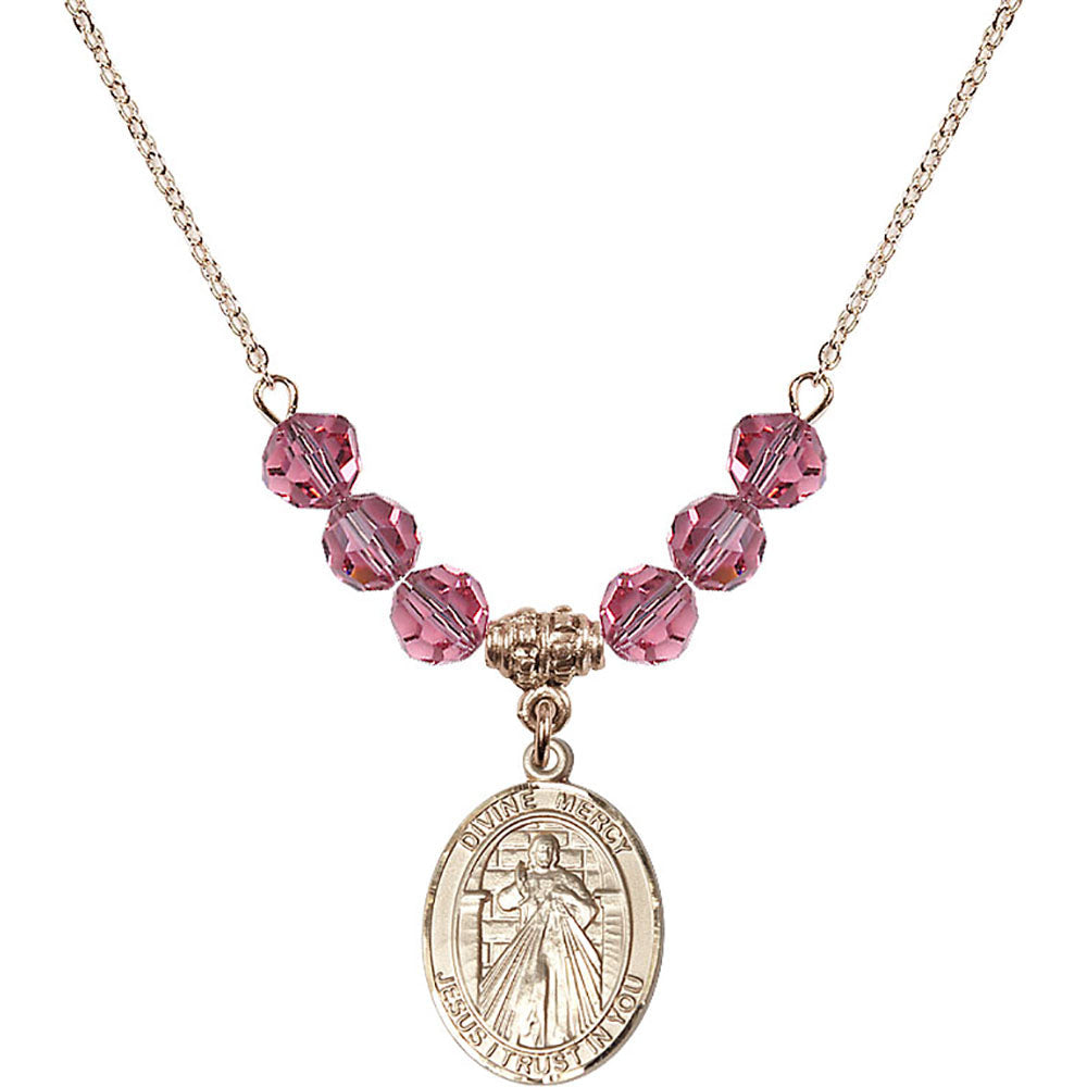 14kt Gold Filled Divine Mercy Birthstone Necklace with Rose Beads - 8366