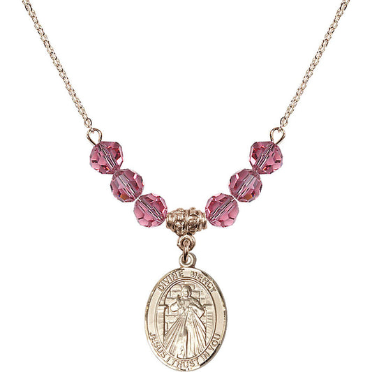 14kt Gold Filled Divine Mercy Birthstone Necklace with Rose Beads - 8366