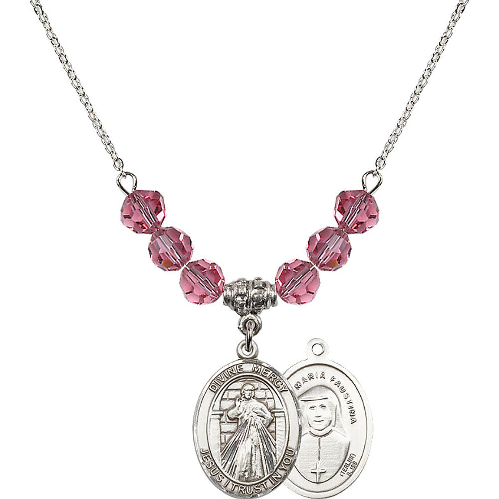 Sterling Silver Divine Mercy Birthstone Necklace with Rose Beads - 8366