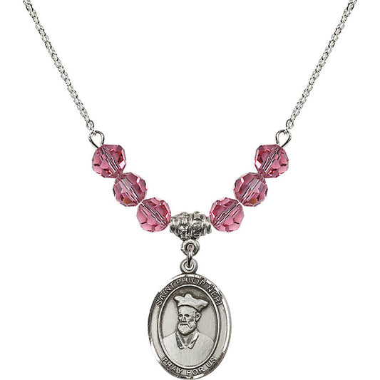 Sterling Silver Saint Philip Neri Birthstone Necklace with Rose Beads - 8369