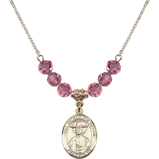 14kt Gold Filled Saint Andrew Kim Taegon Birthstone Necklace with Rose Beads - 8373