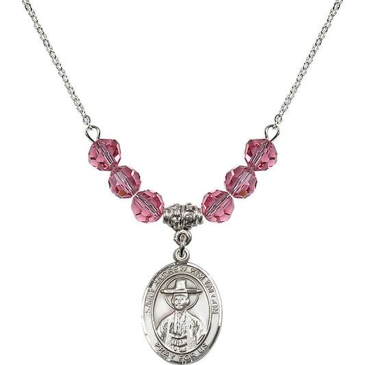 Sterling Silver Saint Andrew Kim Taegon Birthstone Necklace with Rose Beads - 8373