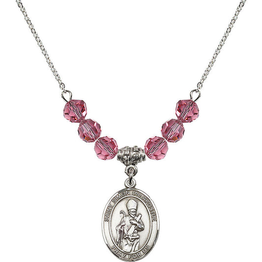 Sterling Silver Saint Simon the Apostle Birthstone Necklace with Rose Beads - 8375