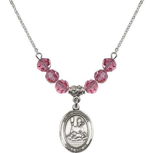Sterling Silver Saint Honorius of Amiens Birthstone Necklace with Rose Beads - 8376
