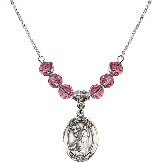 Sterling Silver Saint Rocco Birthstone Necklace with Rose Beads - 8377