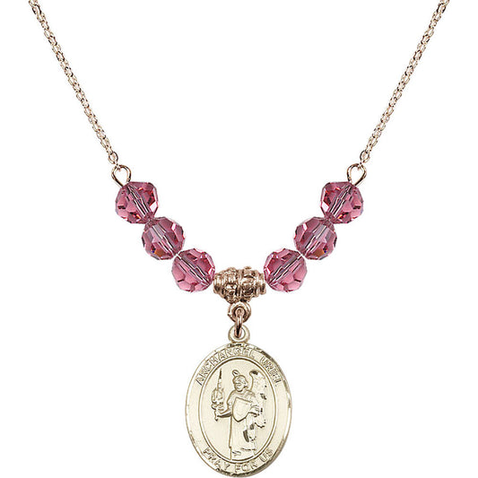 14kt Gold Filled Saint Uriel the Archangel Birthstone Necklace with Rose Beads - 8378