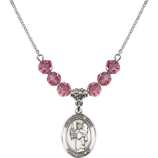 Sterling Silver Saint Uriel the Archangel Birthstone Necklace with Rose Beads - 8378