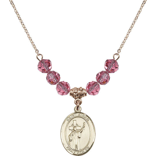 14kt Gold Filled Saint Aidan of Lindesfarne Birthstone Necklace with Rose Beads - 8381