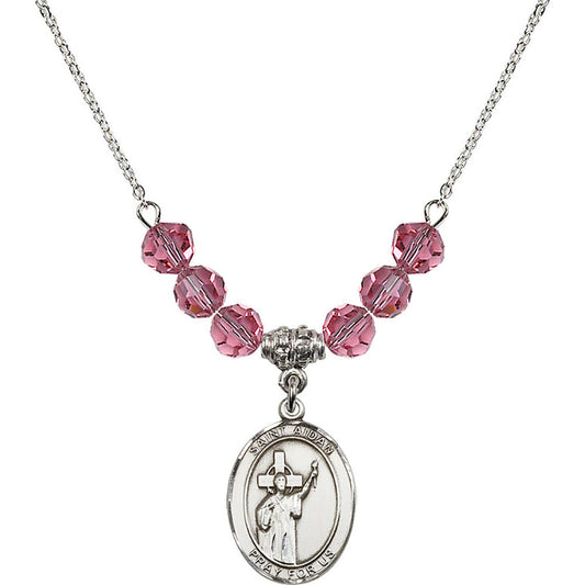 Sterling Silver Saint Aidan of Lindesfarne Birthstone Necklace with Rose Beads - 8381