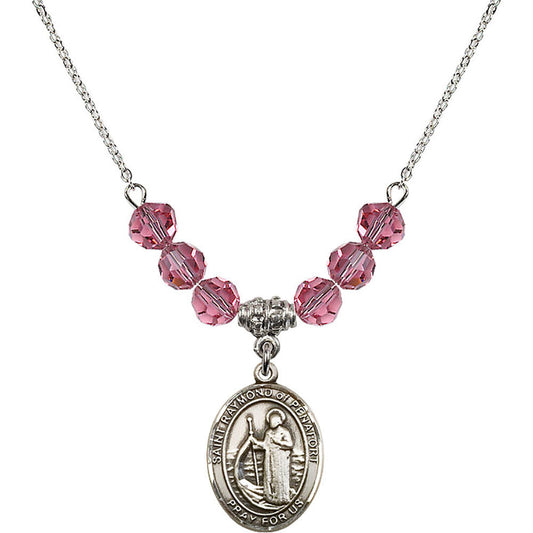 Sterling Silver Saint Raymond of Penafort Birthstone Necklace with Rose Beads - 8385